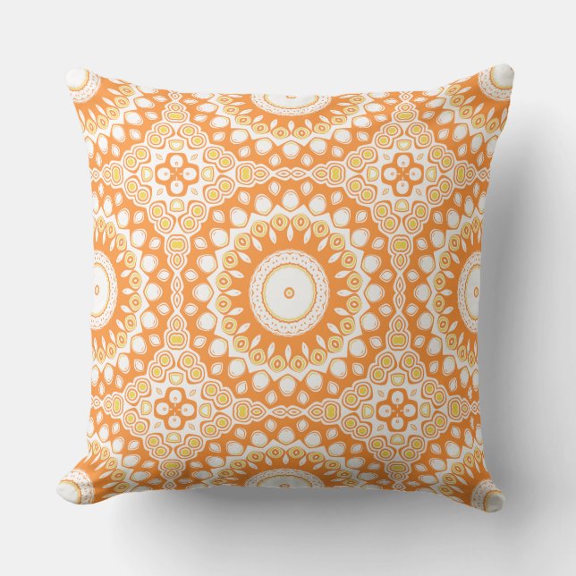 Orange and Yellow Radiant Mandala Pattern Throw Pillow (Front)