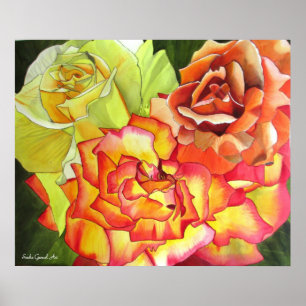 Orange and Yellow Rose watercolor original art Poster