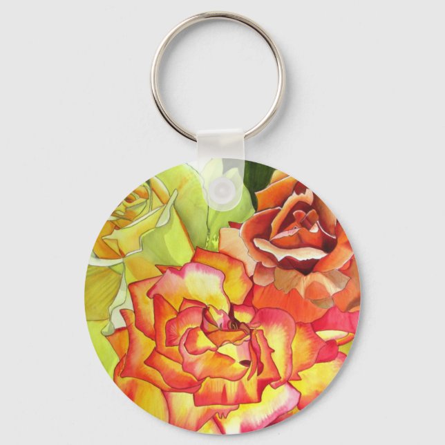 Orange and Yellow roses watercolor art Keychain (Front)