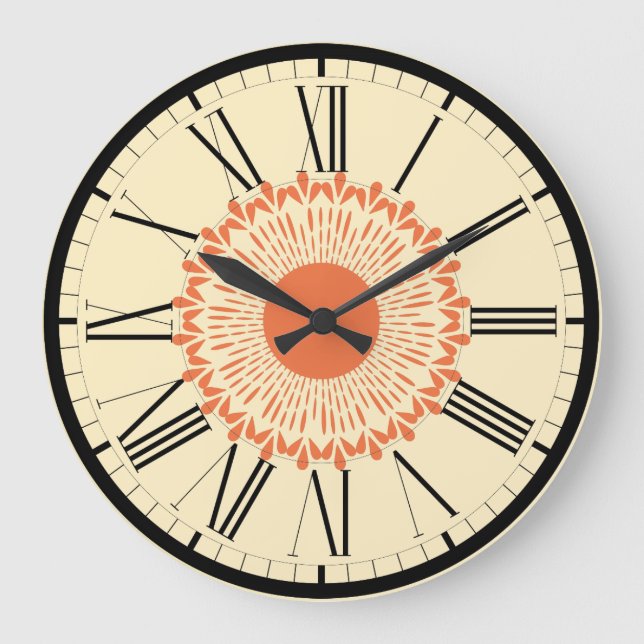 Orange and Yellow, "Sunflower" Geometric Design Large Clock (Front)