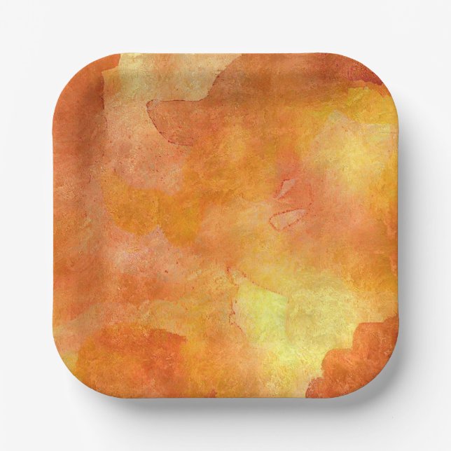 Orange and yellow watercolor printed paper plate (Front)
