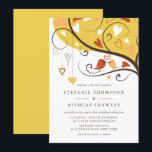 Orange and Yellow Whimsical Lovebirds Wedding Invitation<br><div class="desc">Add a sweet and playful touch to your big day with this customizable lovebird wedding invitation. It features an adorable illustration of two lovebirds perched on a tree branch, accented with whimsical heartstrings. This charming design is perfect for rustic, woodland, boho, or casual outdoor weddings. Personalize with your names, wedding...</div>