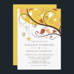 Orange and Yellow Whimsical Lovebirds Wedding Invitation<br><div class="desc">Add a sweet and playful touch to your big day with this customizable lovebird wedding invitation. It features an adorable illustration of two lovebirds perched on a tree branch, accented with whimsical heartstrings. This charming design is perfect for rustic, woodland, boho, or casual outdoor weddings. Personalize with your names, wedding...</div>