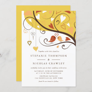 Orange and Yellow Whimsical Lovebirds Wedding Invitation