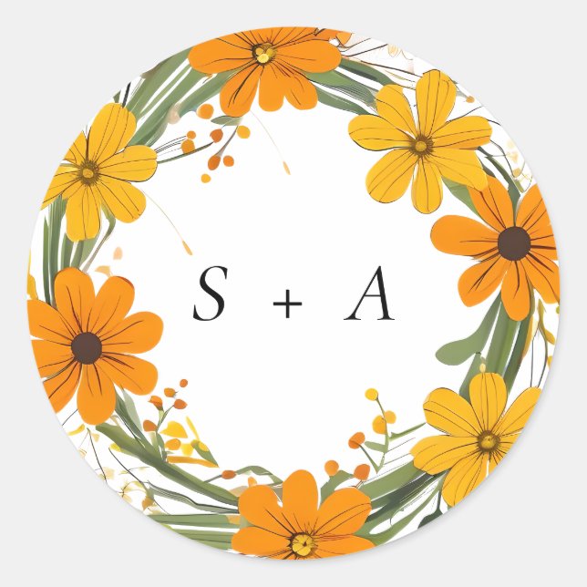Orange and Yellow Wild Flowers Wreath Wedding Classic Round Sticker (Front)