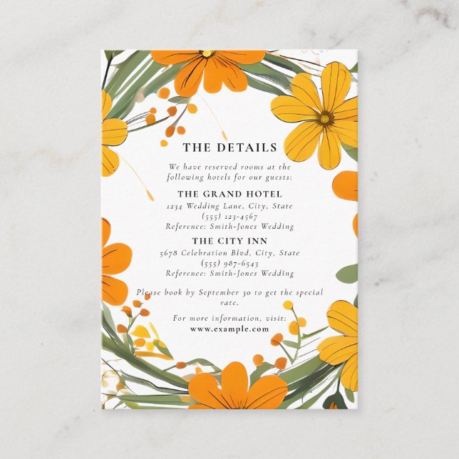 Orange and Yellow Wild Flowers Wreath Wedding Enclosure Card (Front)