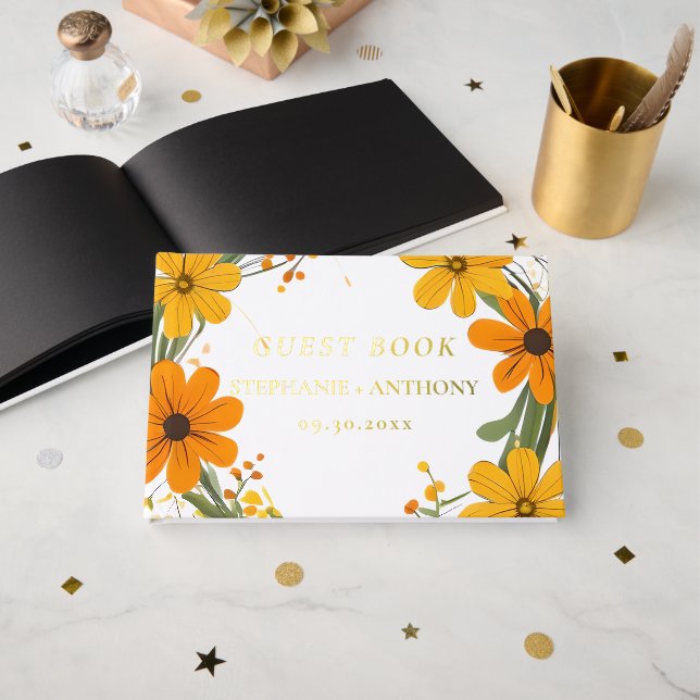 Orange and Yellow Wild Flowers Wreath Wedding Guest Book (Front Open)