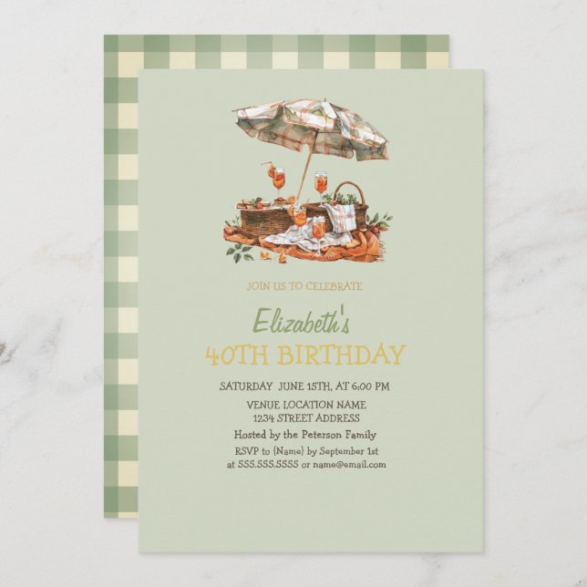 Orange Aperol Green Plaid Picnic 40TH Birthday  Invitation (Front/Back)