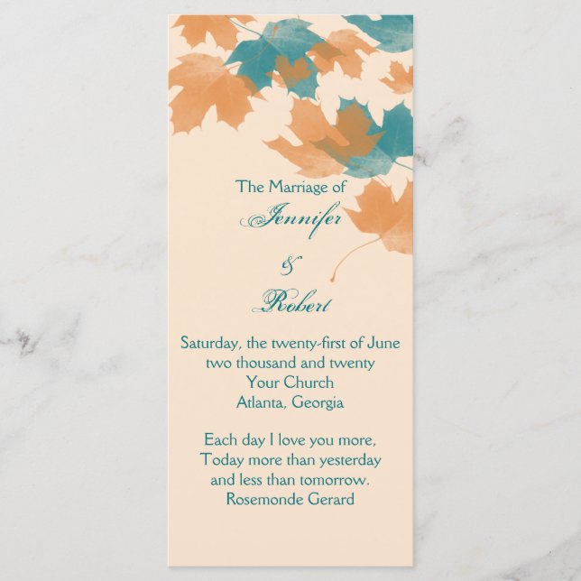 Orange Aqua Automne Maple Leaf Wedding Programme (Devant)