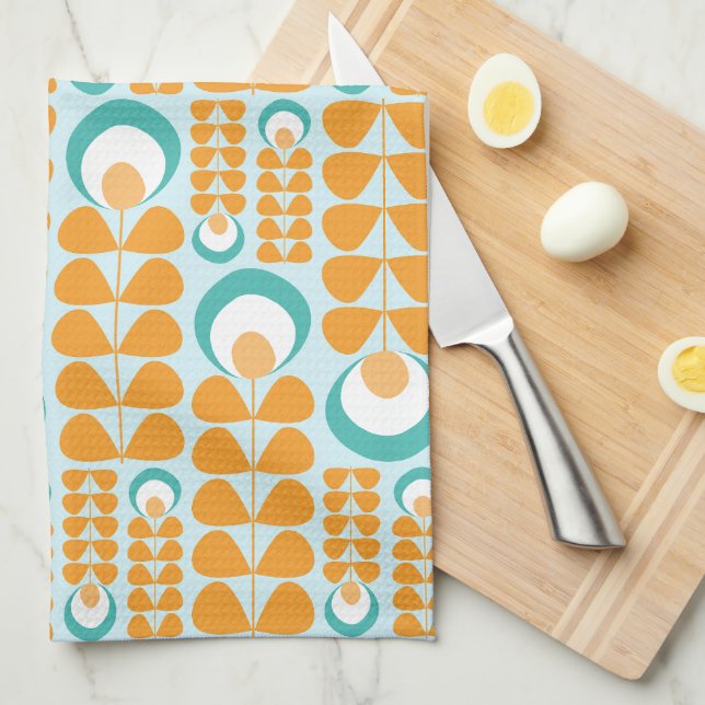 Orange, Aqua, Teal Mid Mod Flowers Pattern Kitchen Towel (Quarter Fold)