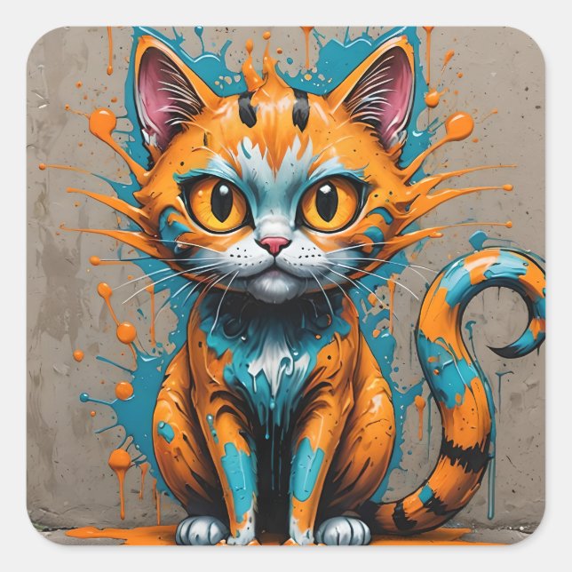 Orange Aqua/Teal Splatter Cat Square Sticker (Front)