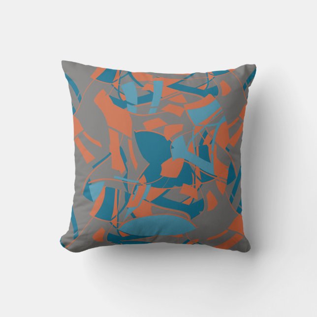 Orange Aqua Turquoise Swirling Design on Charcoal Throw Pillow (Front)