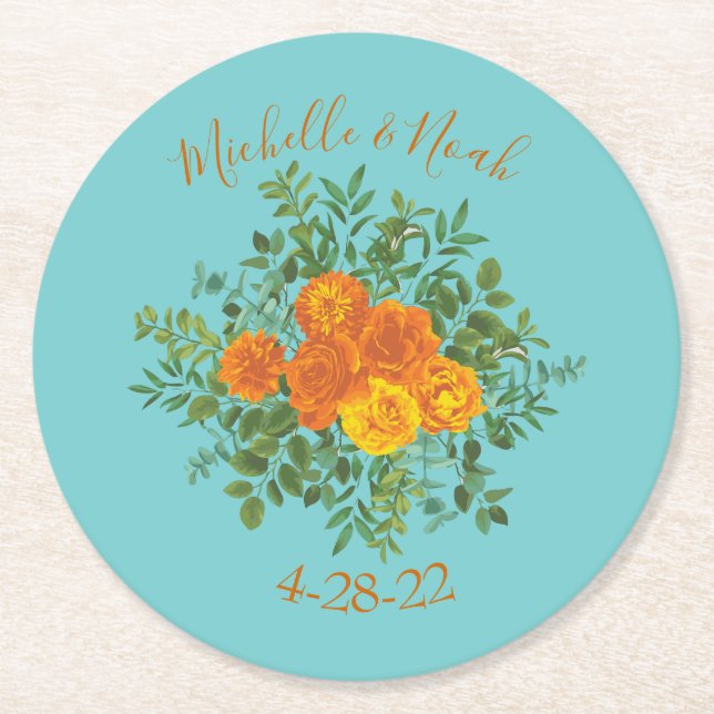 Orange & Aqua Wedding Modern Floral Round Paper Coaster (Front)