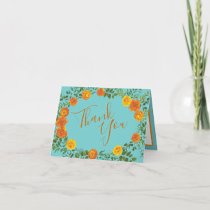 Orange & Aqua Wedding Modern Floral Thank You Card