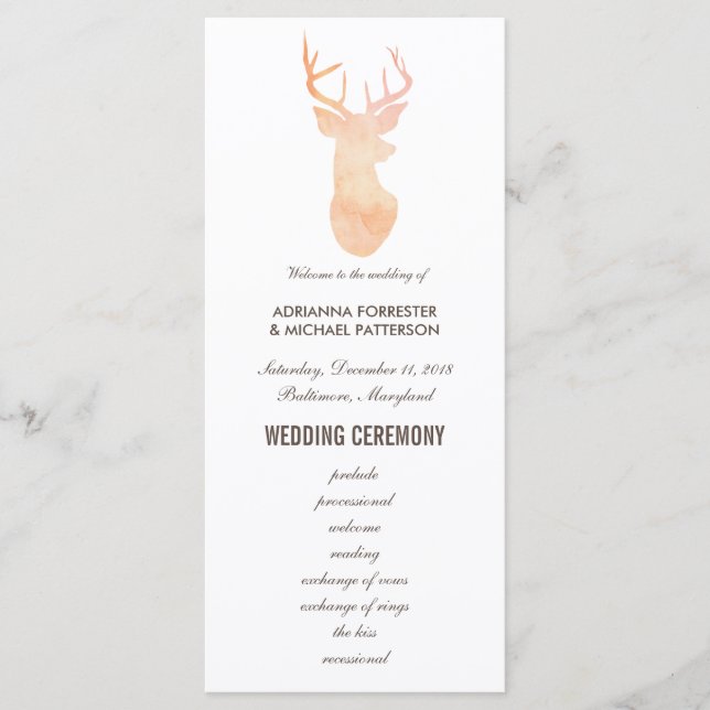 Orange Aquarelle Antler Mariage Moderne Programme (Devant)