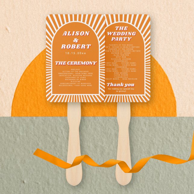Orange arch and sunrays groovy wedding program hand fan (Creator Uploaded)