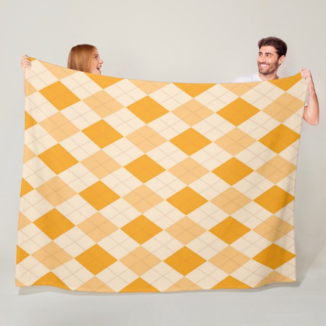 Orange Argyle Preppy Chequered pattern print Fleece Blanket (In Situ)