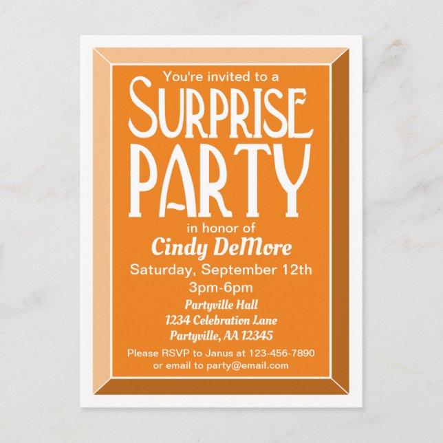 Orange Art Deco Beveled Birthday Surprise Party Invitation Postcard (Front)