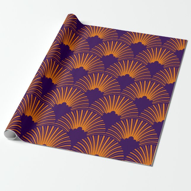 Orange art-deco pattern on deep-purple background wrapping paper (Unrolled)