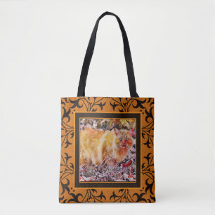 Orange Artsy Cat Vintage Pattern Tote Bag