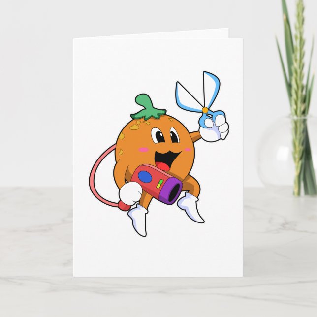 Orange as Hairdresser with Scissors & Hair dryer Card (Front)