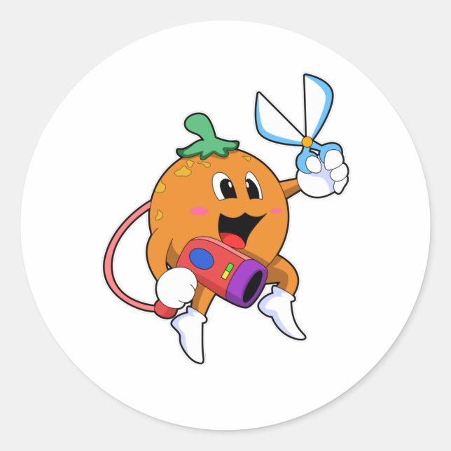 Orange as Hairdresser with Scissors & Hair dryer Classic Round Sticker (Front)