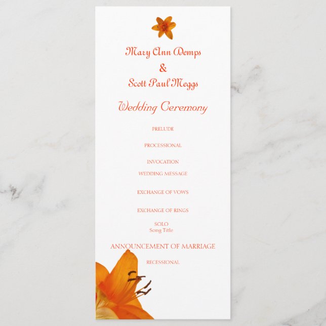 Orange Asiatic Lily wedding program (Front)
