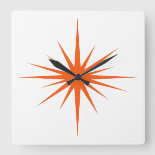 Orange Atomic Starburst Mid Century Modern Square Wall Clock
