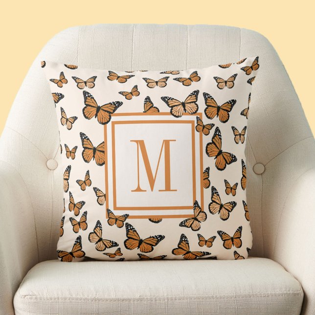 Orange Autumn Butterflies Custom Monogram Throw Pillow (Creator Uploaded)