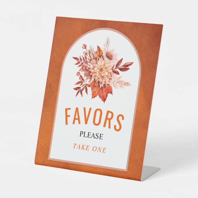 Orange autumn flowers, leaves wedding Favours Pedestal Sign (Front)