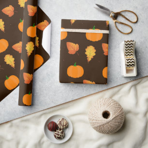 Orange Autumn Leaves and Pumpkins on Brown Craft Wrapping Paper