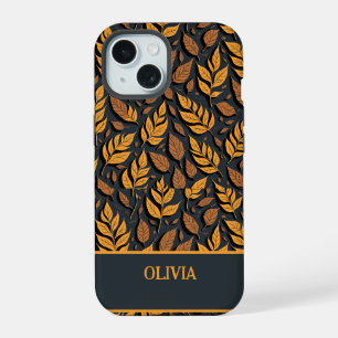Orange Autumn Leaves on Brown Background iPhone 15 Case