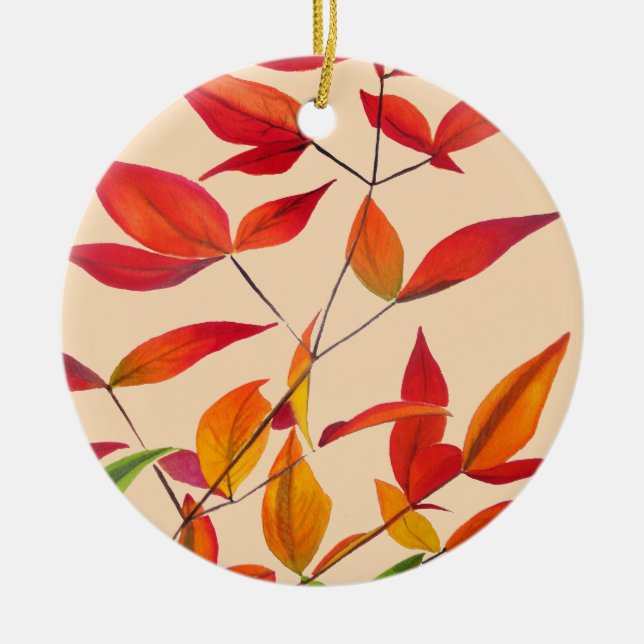 Orange Autumn leaves original watercolour art Ceramic Ornament (Front)
