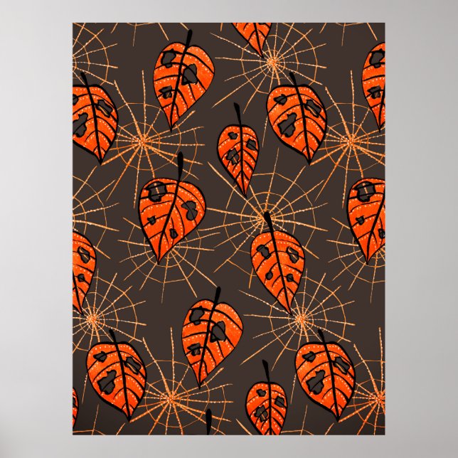 Orange Autumn Leaves Spiderwebs Halloween Pattern Poster (Front)