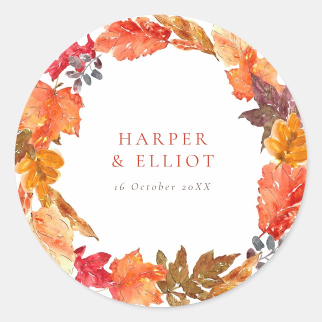 Orange Autumn Leaves Wreath Fall Wedding Classic Round Sticker (Front)