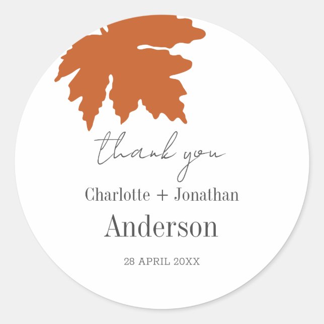 Orange Autumn Maple Leaf Wedding Favours Thank You Classic Round Sticker (Front)