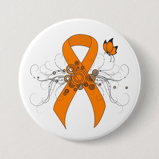 Orange Awareness Ribbon with Butterfly 3 Inch Round Button (Front)