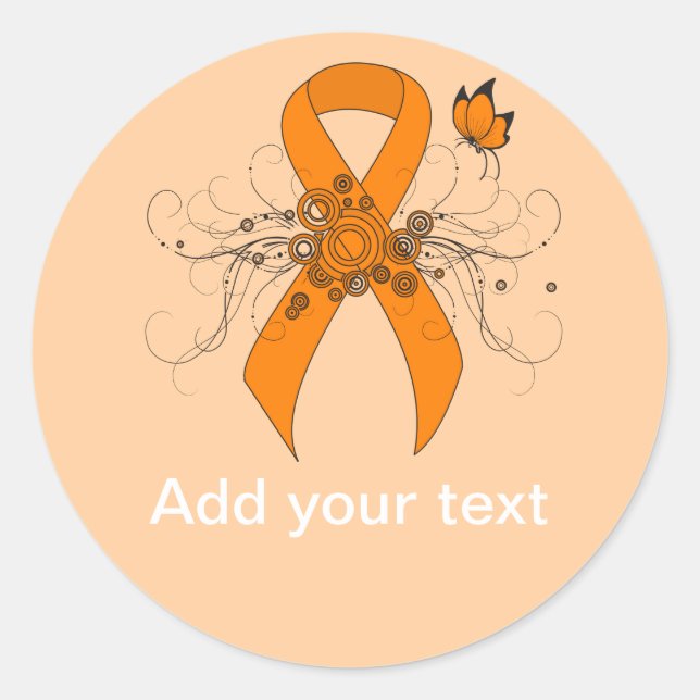 Orange Awareness Ribbon with Butterfly Classic Round Sticker (Front)