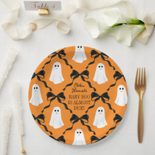 Orange Baby Boo Almost Due Ghosts and Black Bows Paper Plate