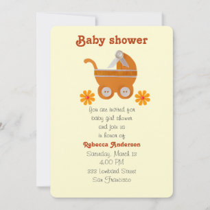 Orange baby carriage, orang flower for baby shower invitation