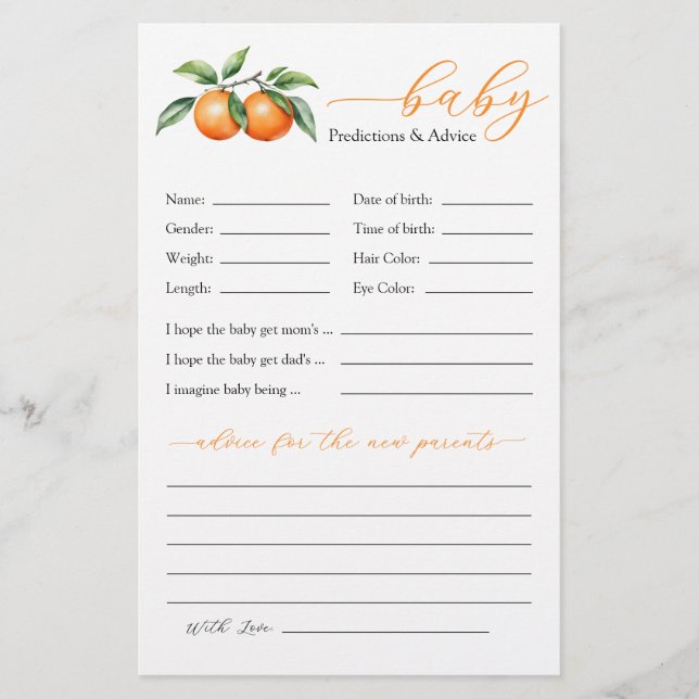 Orange Baby Shower Predictions and Advice (Front)