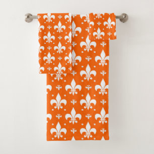 Orange Background Fleur-de-lis Pattern Design  Bath Towel Set