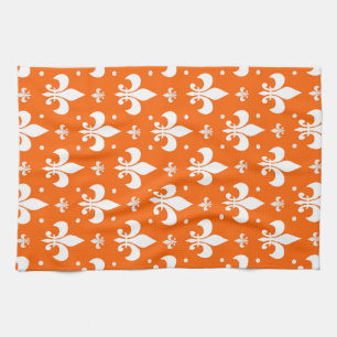 Orange Background Fleur-de-lis Pattern Design Kitchen Towel
