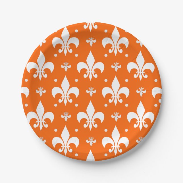 Orange Background Fleur-de-lis Pattern Design  Paper Plate (Front)
