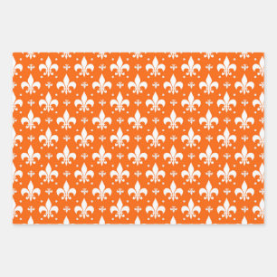 Orange Background Fleur-de-lis Pattern Design Wrapping Paper Sheet