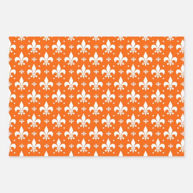 Orange Background Fleur-de-lis Pattern Design  Wrapping Paper Sheet (Front)