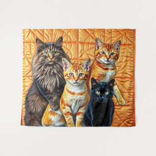 Orange Background Quilt Four Cats Tapestry