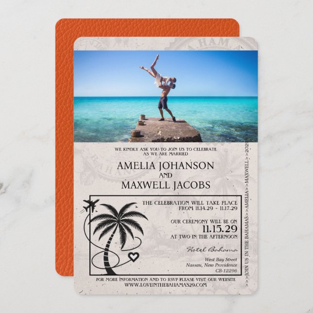 Orange Bahamas Passport Wedding Invitation (Front/Back)