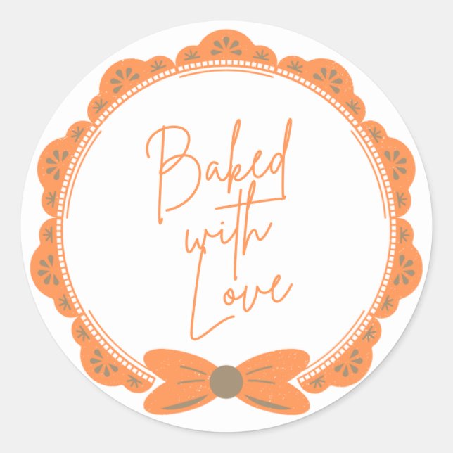 Orange 'Baked With Love' Round Sticker (Front)