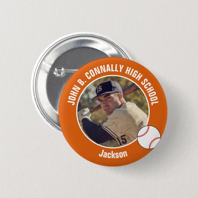 Orange Baseball Player Photo High School Spirit 2 Inch Round Button (Front & Back)